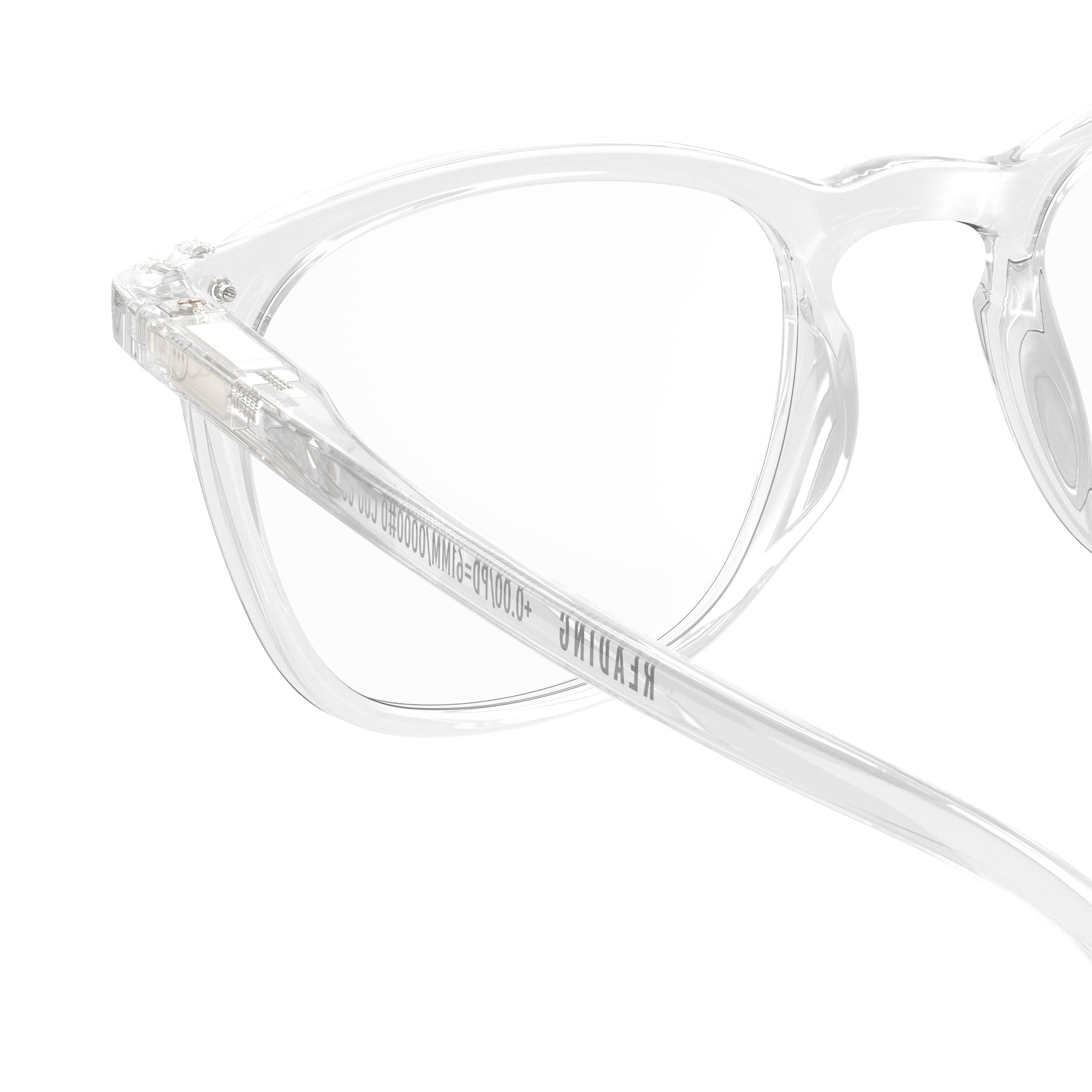 One part back view of IZIPIZI Reading Collection E Crystal reading glasses with lightweight rubber-textured frame and flexible spring hinges - unisex trapezium-shaped eyewear for clear, comfortable reading in a modern transparent design.