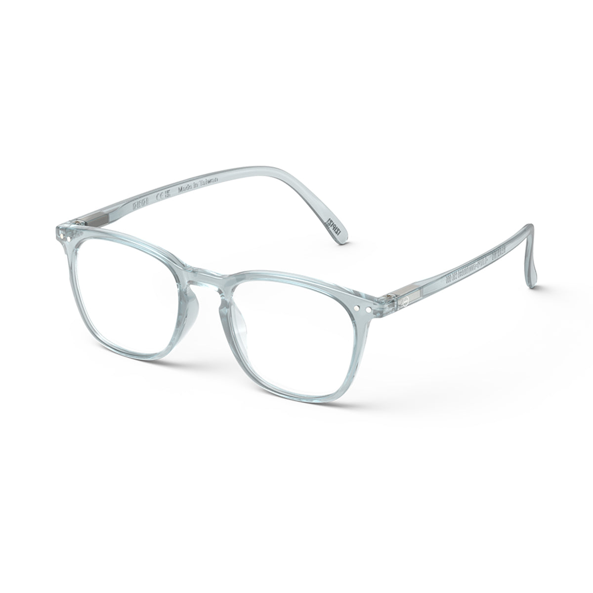 Izipizi shape e frozen blue reading glasses on an angle on white background
