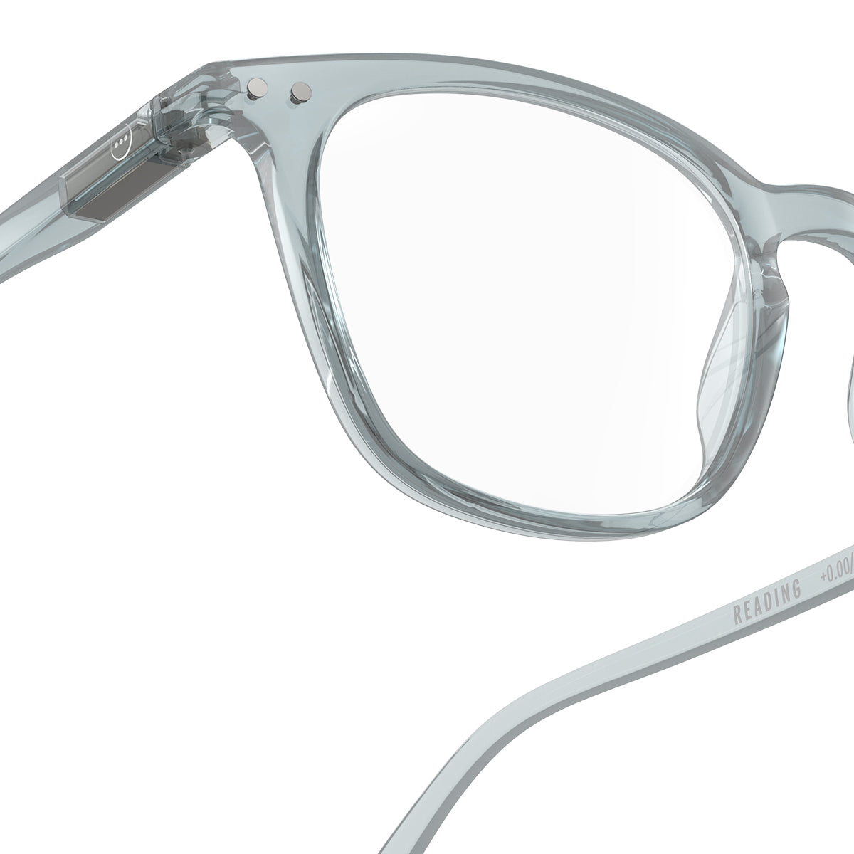 Izipizi shape e frozen blue reading glasses close up of front right hand side on white background