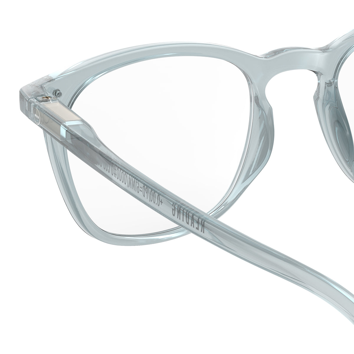 Izipizi shape e frozen blue reading glasses close up of back left hand side on white background