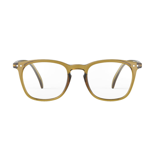 Izipizi shape e golden green reading glasses face on white background