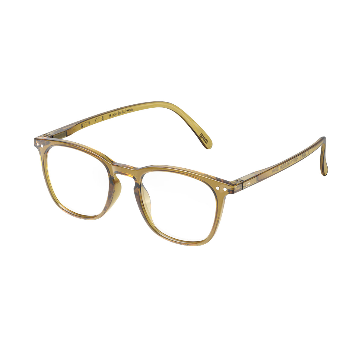 Izipizi shape e golden green reading glasses on an angle on white background