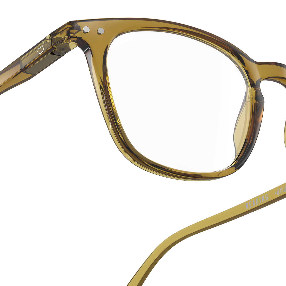 Izipizi shape e golden green reading glasses close up of front right hand side on white background