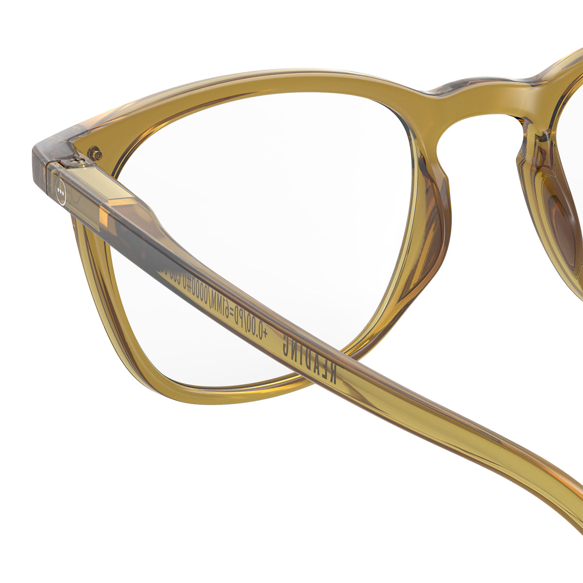 Izipizi shape e golden green reading glasses close up of back left hand side on white background