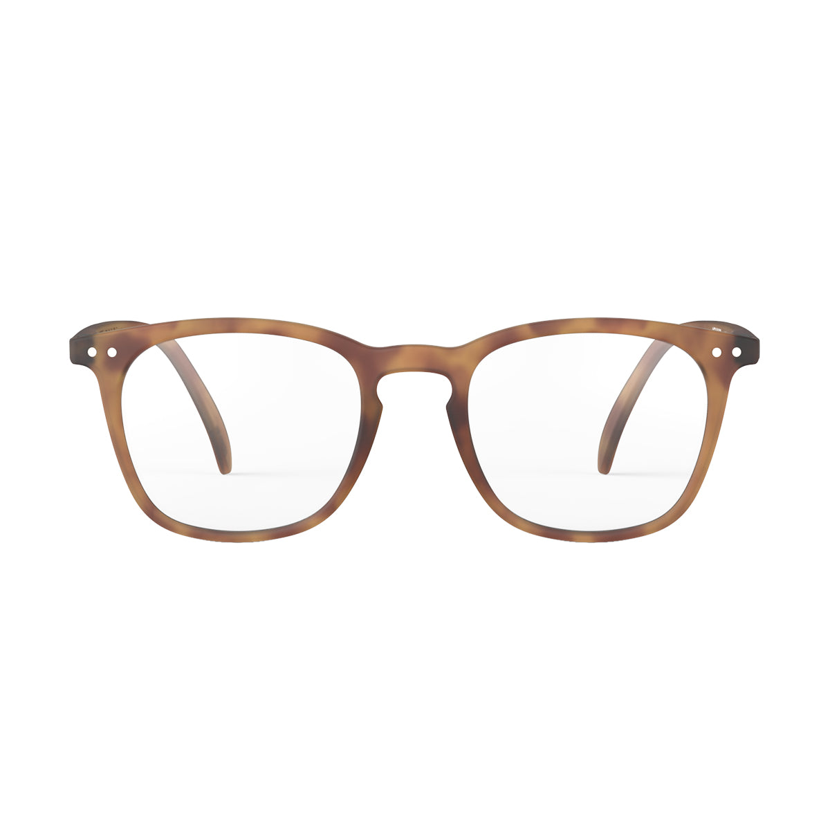 Front view of IZIPIZI Reading Collection E Havane reading glasses with lightweight rubber-textured frame and flexible spring hinges - unisex trapezium-shaped eyewear offering stylish comfort for daily reading.