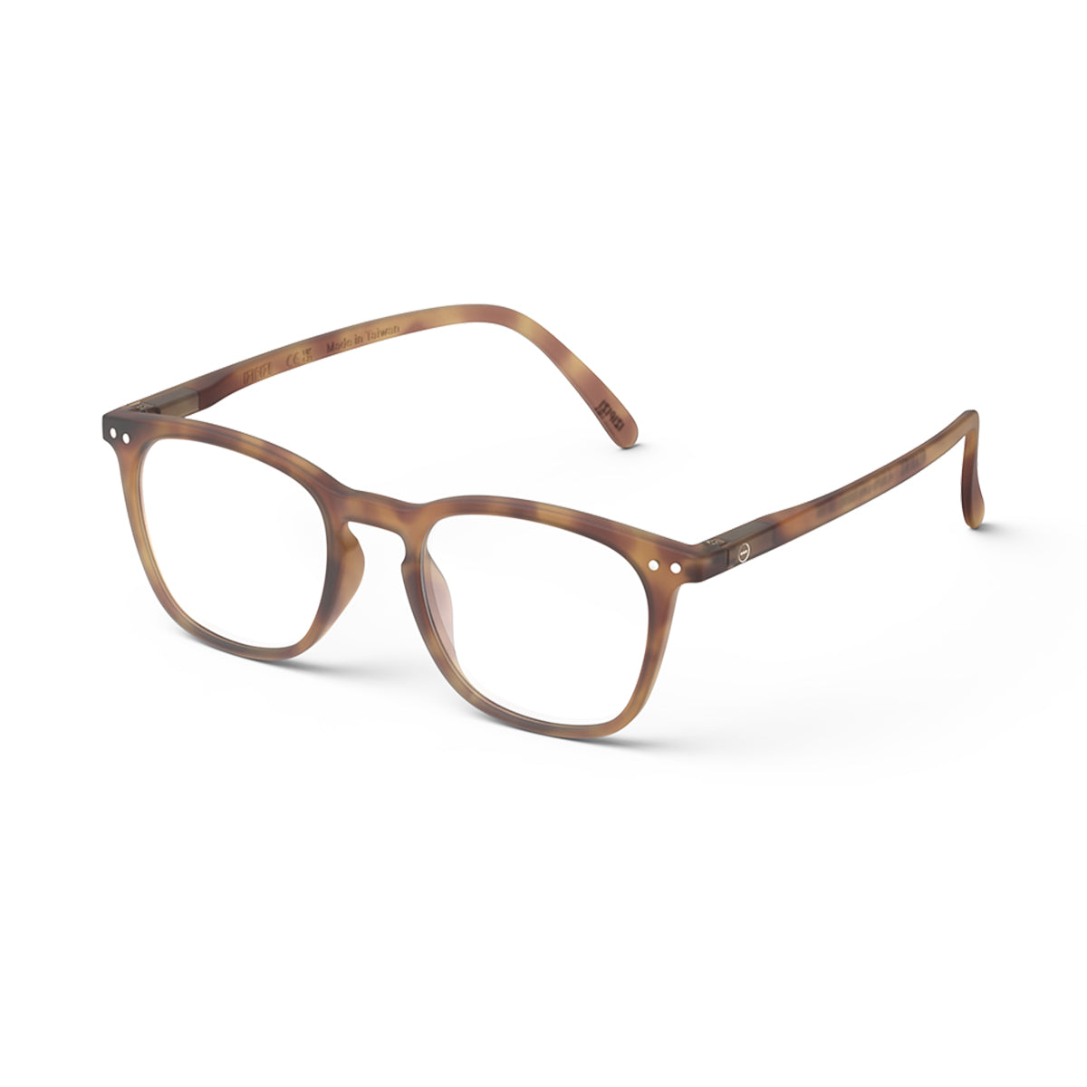 Front plus side view of IZIPIZI Reading Collection E Havane reading glasses with lightweight rubber-textured frame and flexible spring hinges - unisex trapezium-shaped eyewear offering stylish comfort for daily reading.