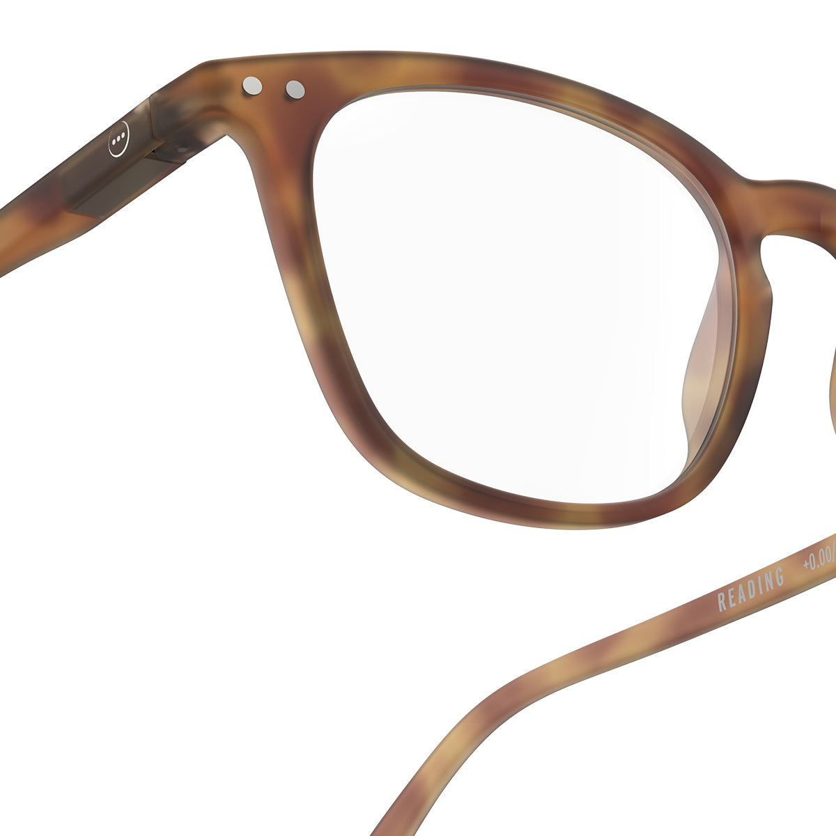 One part close up view of IZIPIZI Reading Collection E Havane reading glasses with lightweight rubber-textured frame and flexible spring hinges - unisex trapezium-shaped eyewear offering stylish comfort for daily reading.