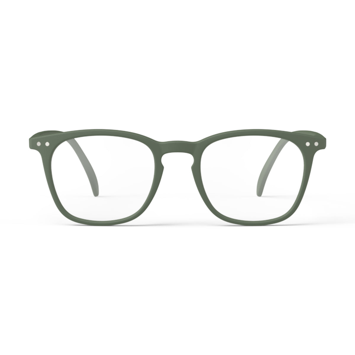 Front view of IZIPIZI Reading Collection E Khaki Green reading glasses featuring a lightweight rubber-textured frame with flexible spring hinges - unisex trapezium-shaped eyewear for everyday comfort and style.