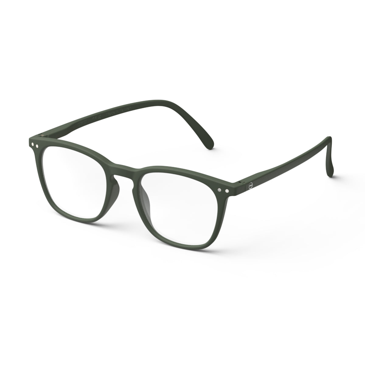 Front plus side view of IZIPIZI Reading Collection E Khaki Green reading glasses featuring a lightweight rubber-textured frame with flexible spring hinges - unisex trapezium-shaped eyewear for everyday comfort and style.