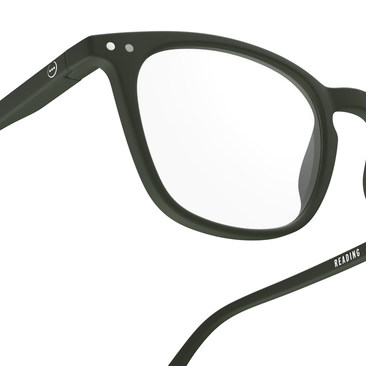 One side front view of IZIPIZI Reading Collection E Khaki Green reading glasses featuring a lightweight rubber-textured frame with flexible spring hinges - unisex trapezium-shaped eyewear for everyday comfort and style.