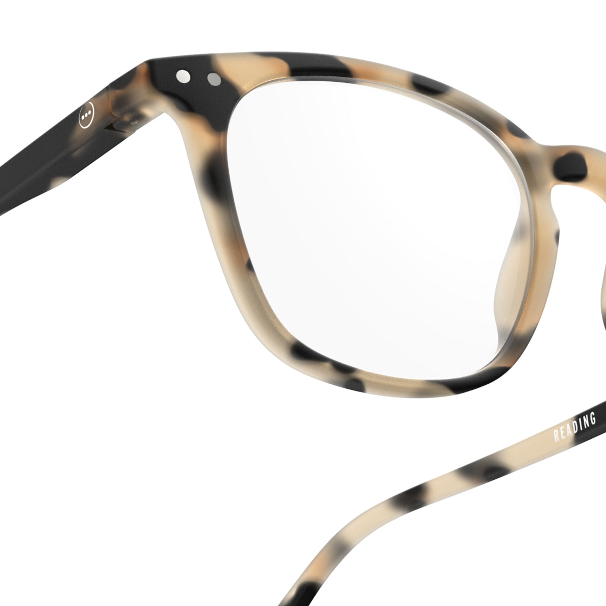 Izipizi shape e light tortoise reading glasses close up of front right hand side on white background