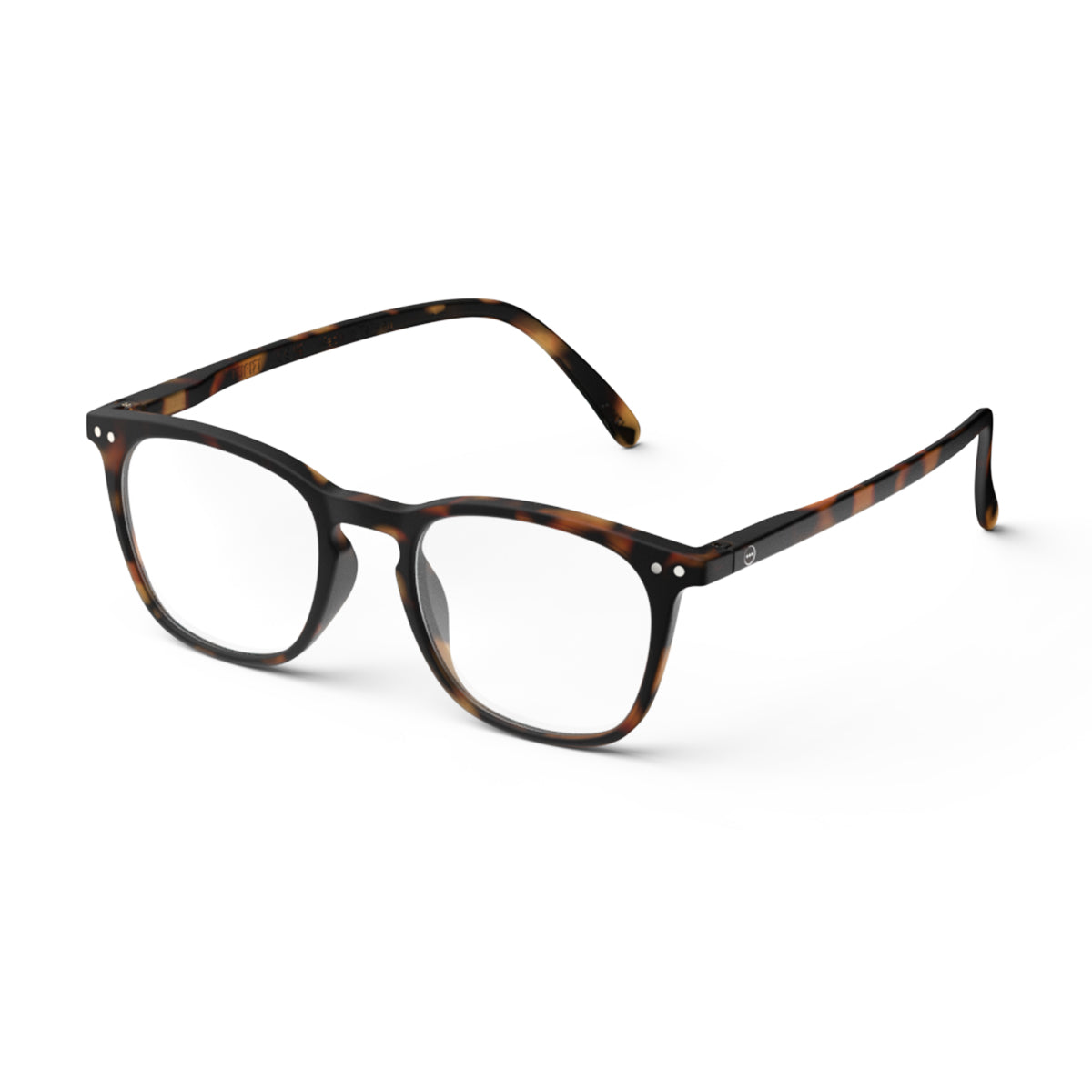 Izipizi shape e tortoise reading glasses an angle on white background
