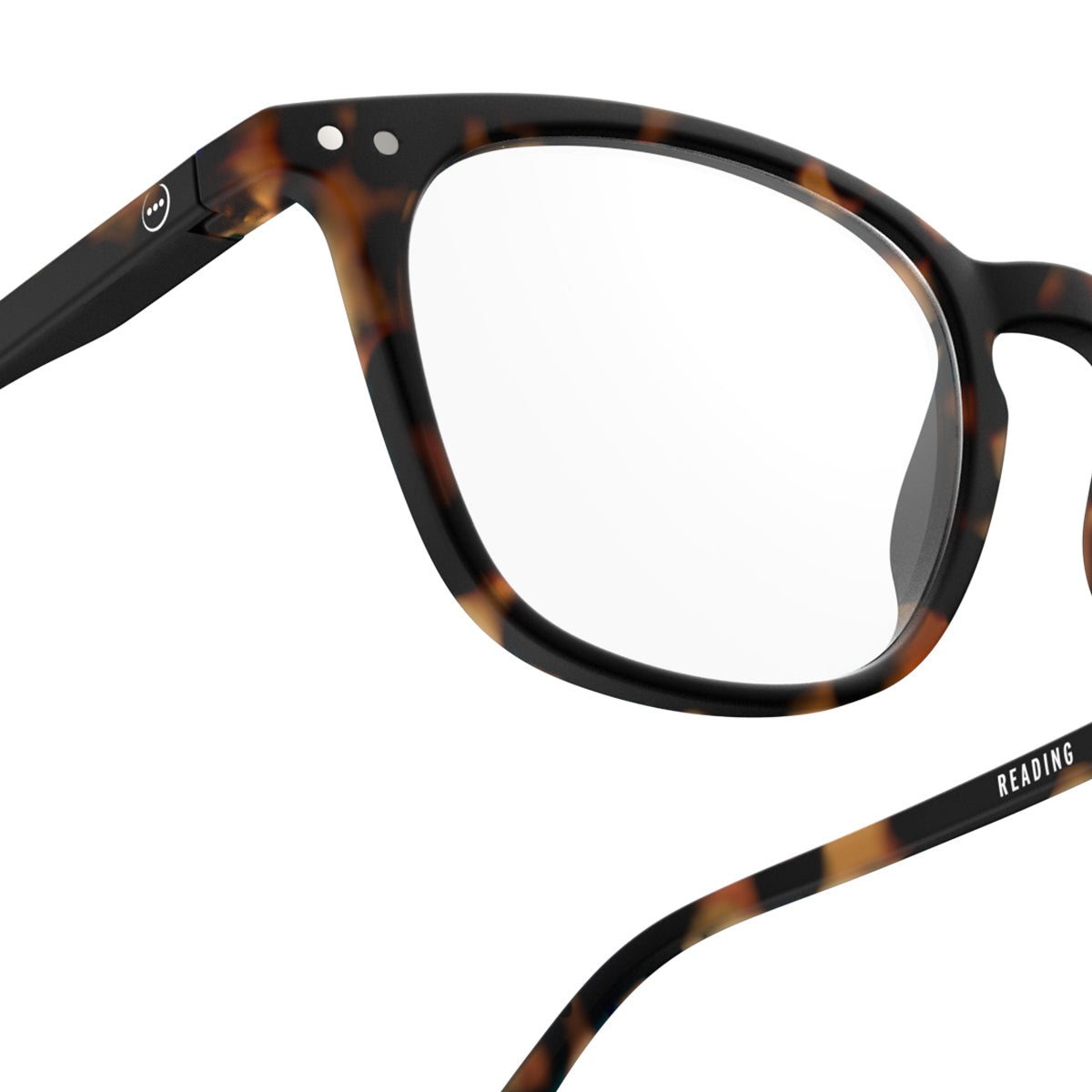 Izipizi shape e tortoise reading glasses close up of front right hand side on white background