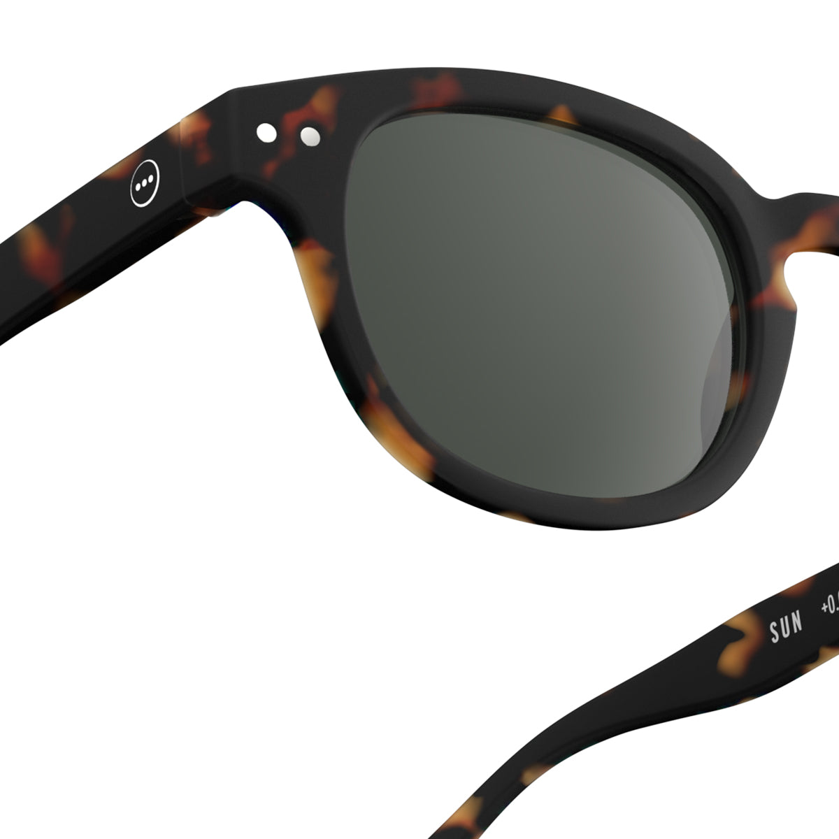 Izipizi shape c tortoise sunglasses close up of back left hand side on white background