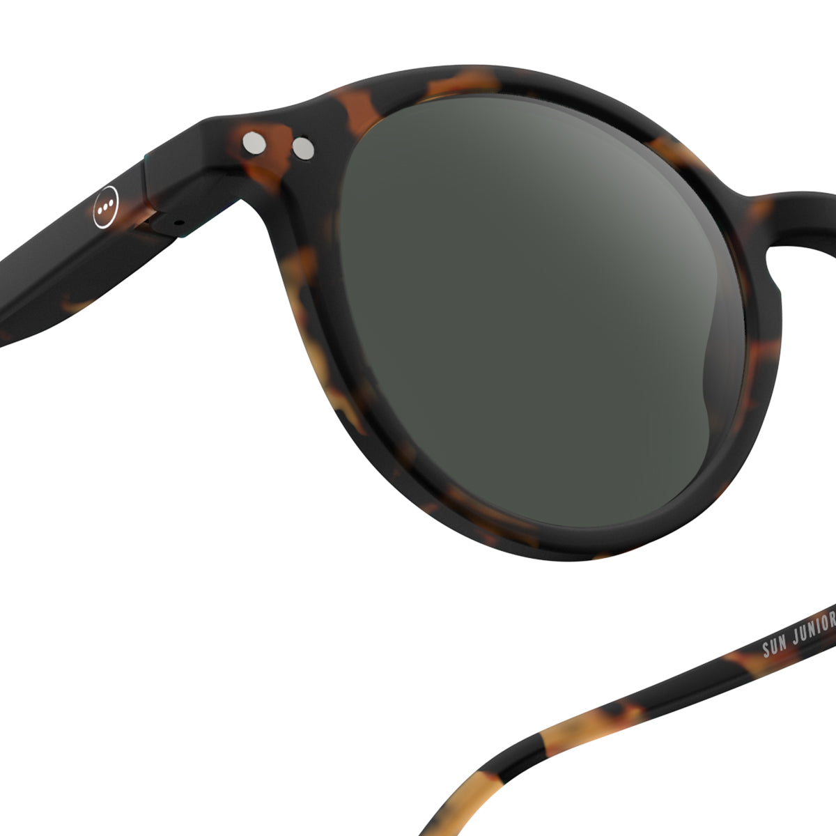 Izipizi junior sunglasses shape d tortoise close up of back left hand side on white background