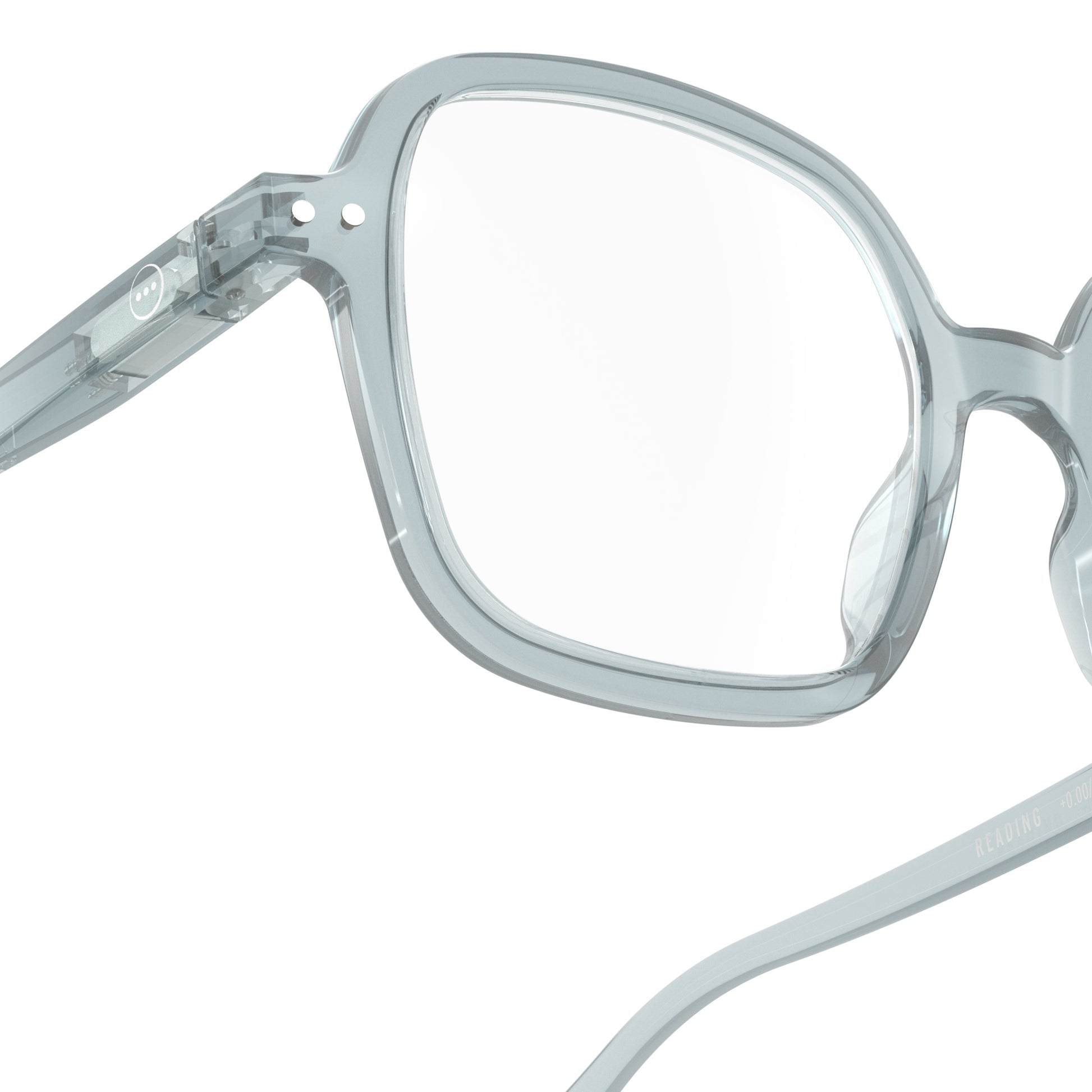 One side front view of IZIPIZI Reading Collection O Frozen Blue reading glasses made from eco-friendly bio-sourced polyamide with flexible spring hinges and soft-touch texture - lightweight unisex eyewear in an oversized square design.