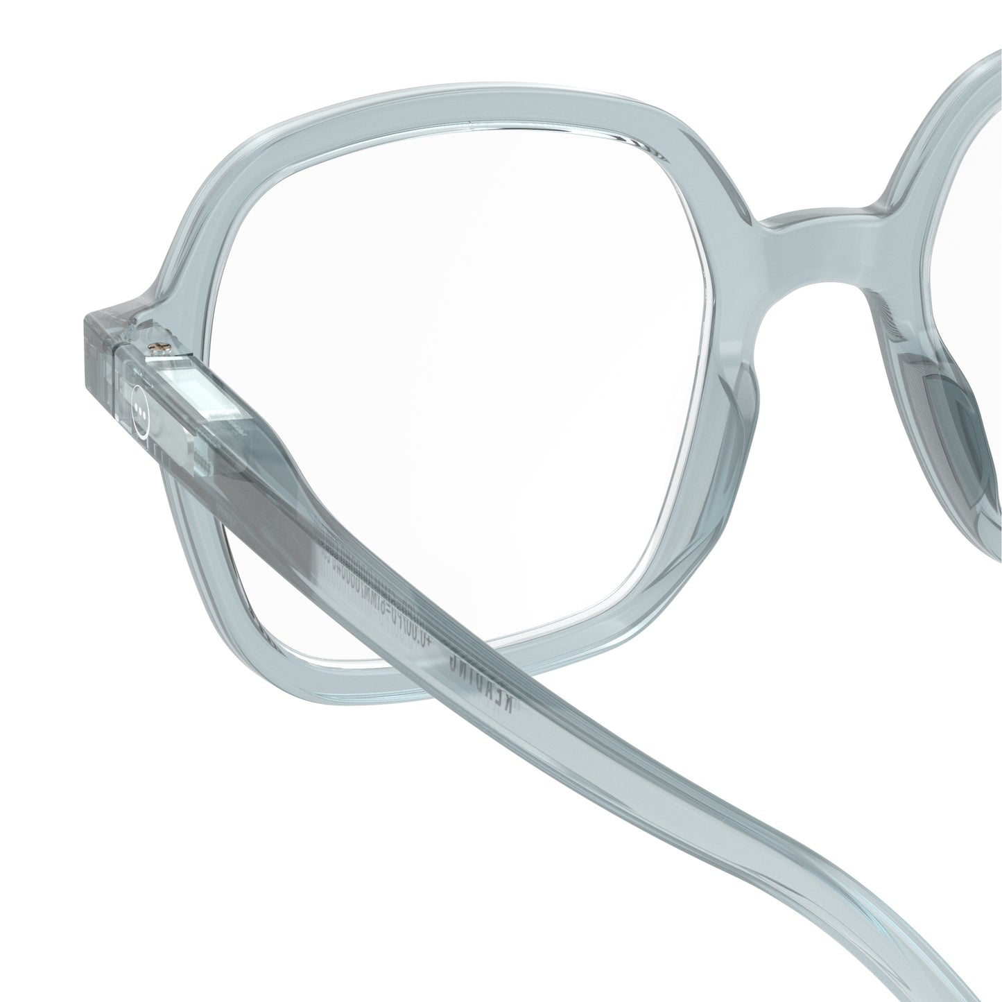One side back view of IZIPIZI Reading Collection O Frozen Blue reading glasses made from eco-friendly bio-sourced polyamide with flexible spring hinges and soft-touch texture - lightweight unisex eyewear in an oversized square design.