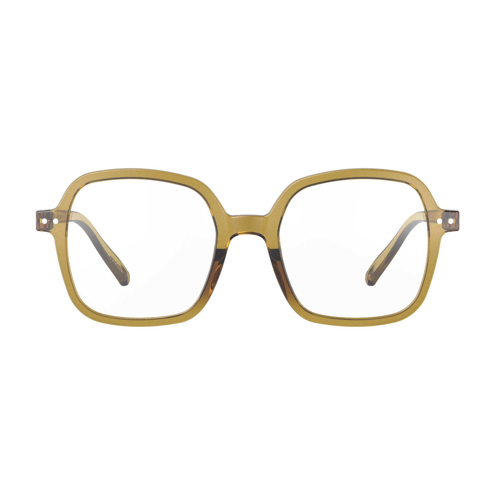 Front view of IZIPIZI Reading Collection O Golden Green glasses made from eco-friendly bio-sourced polyamide with flexible spring hinges and a soft-touch texture - lightweight unisex reading eyewear featuring oversized square frames.