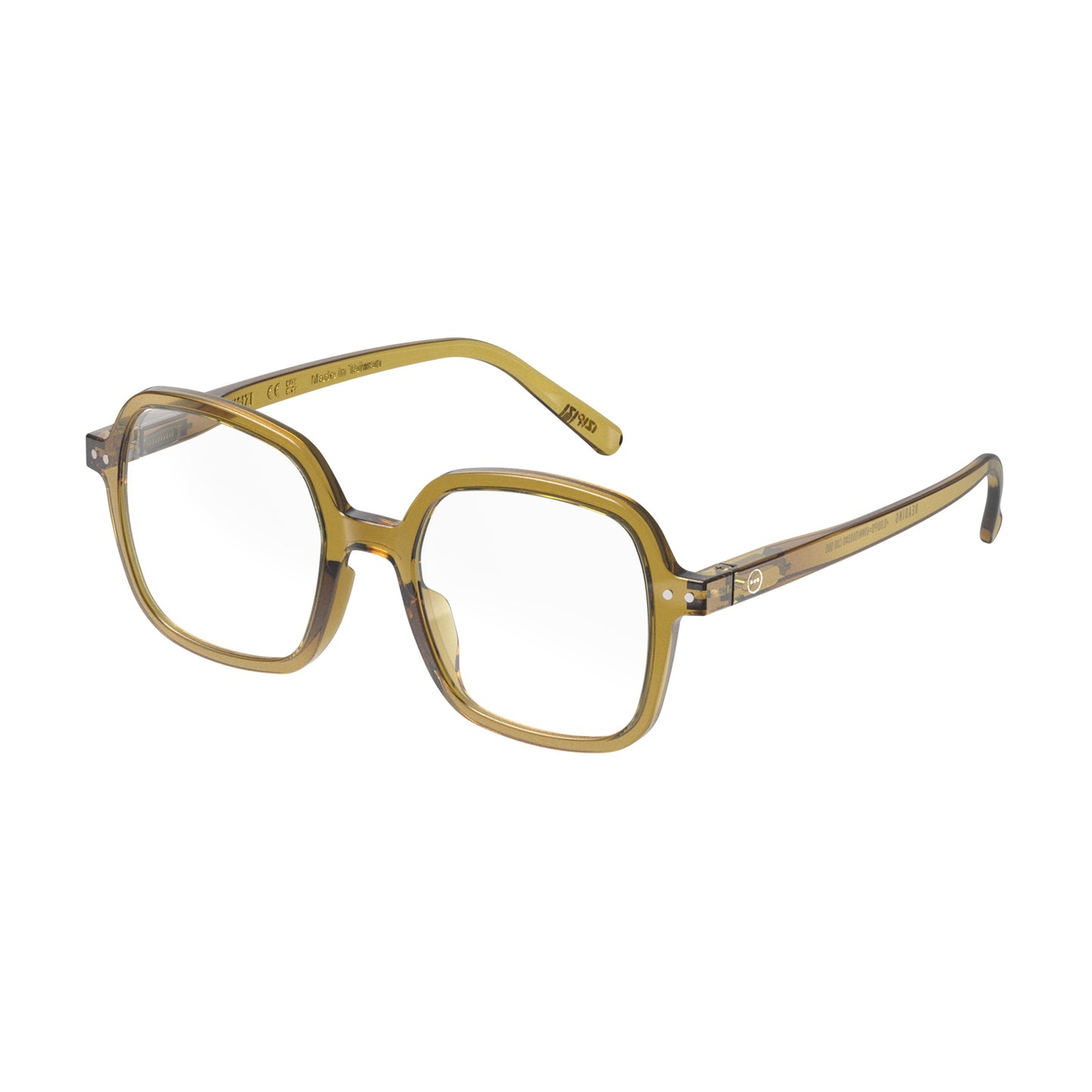 Front side view of IZIPIZI Reading Collection O Golden Green glasses made from eco-friendly bio-sourced polyamide with flexible spring hinges and a soft-touch texture - lightweight unisex reading eyewear featuring oversized square frames.