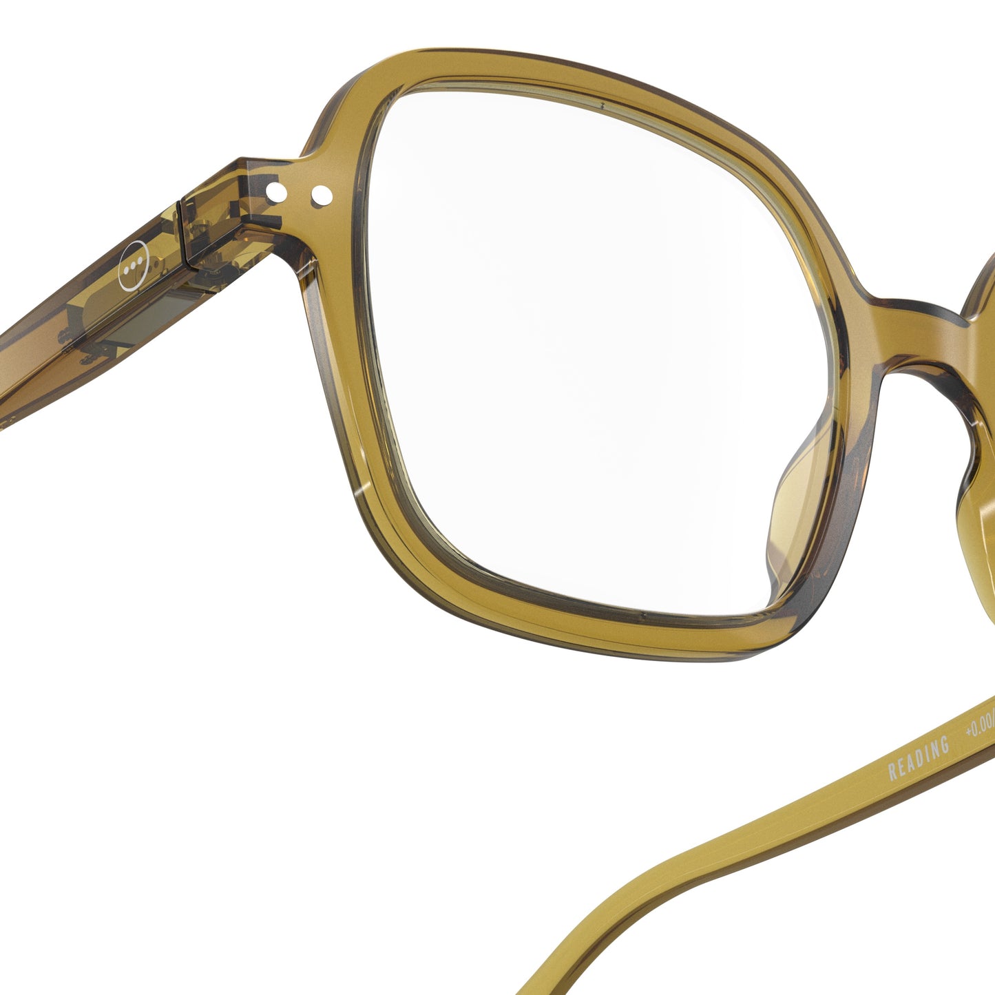 Upclose one side view IZIPIZI Reading Collection O Golden Green glasses made from eco-friendly bio-sourced polyamide with flexible spring hinges and a soft-touch texture - lightweight unisex reading eyewear featuring oversized square frames.