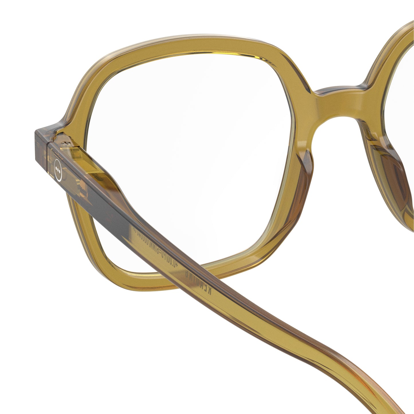 One side glass back view of IZIPIZI Reading Collection O Golden Green glasses made from eco-friendly bio-sourced polyamide with flexible spring hinges and a soft-touch texture - lightweight unisex reading eyewear featuring oversized square frames.