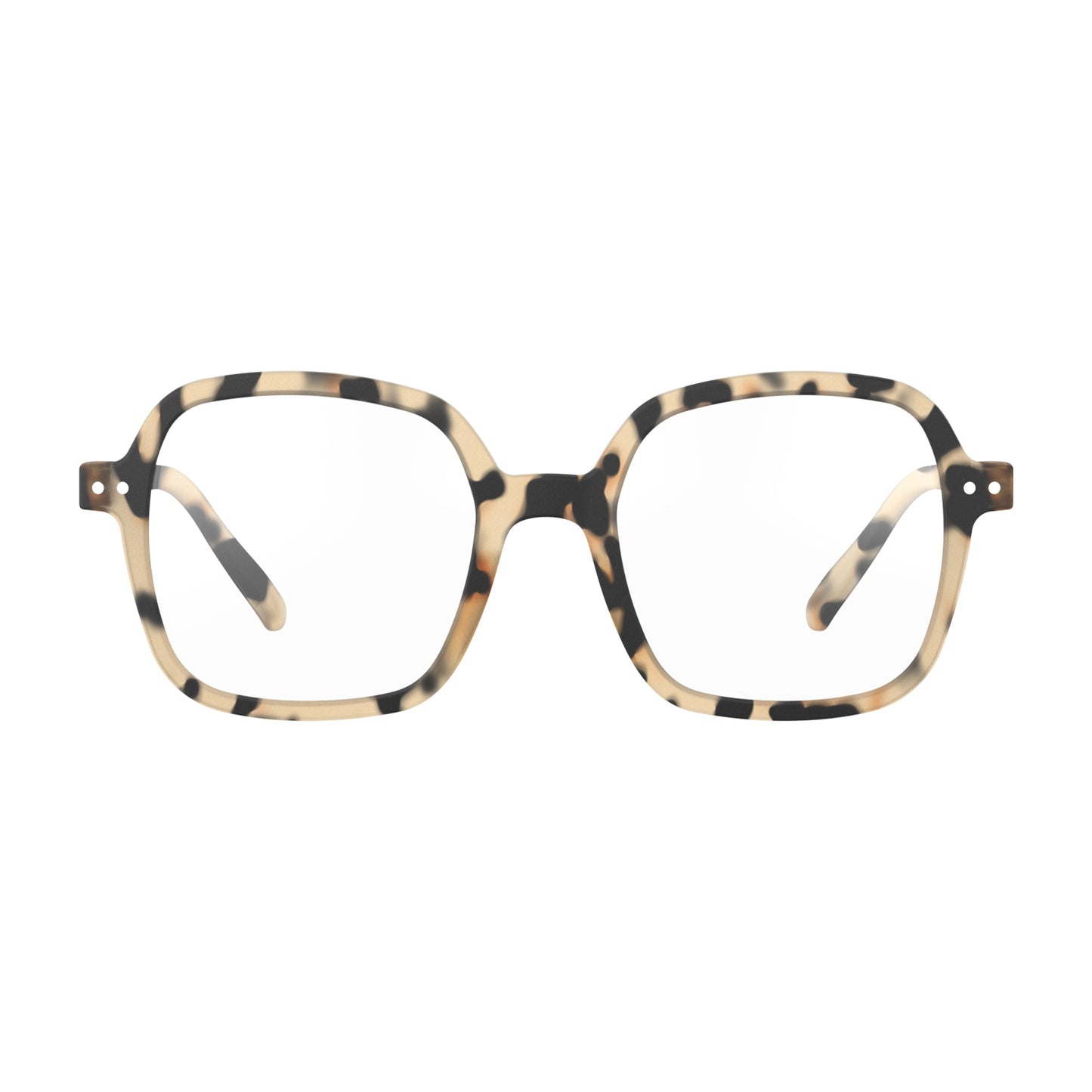 Front view of IZIPIZI Reading Collection O Light Tortoise glasses made from bio-sourced organic polyamide, featuring flexible spring hinges and a soft-touch finish - lightweight unisex reading eyewear with oversized square frames.