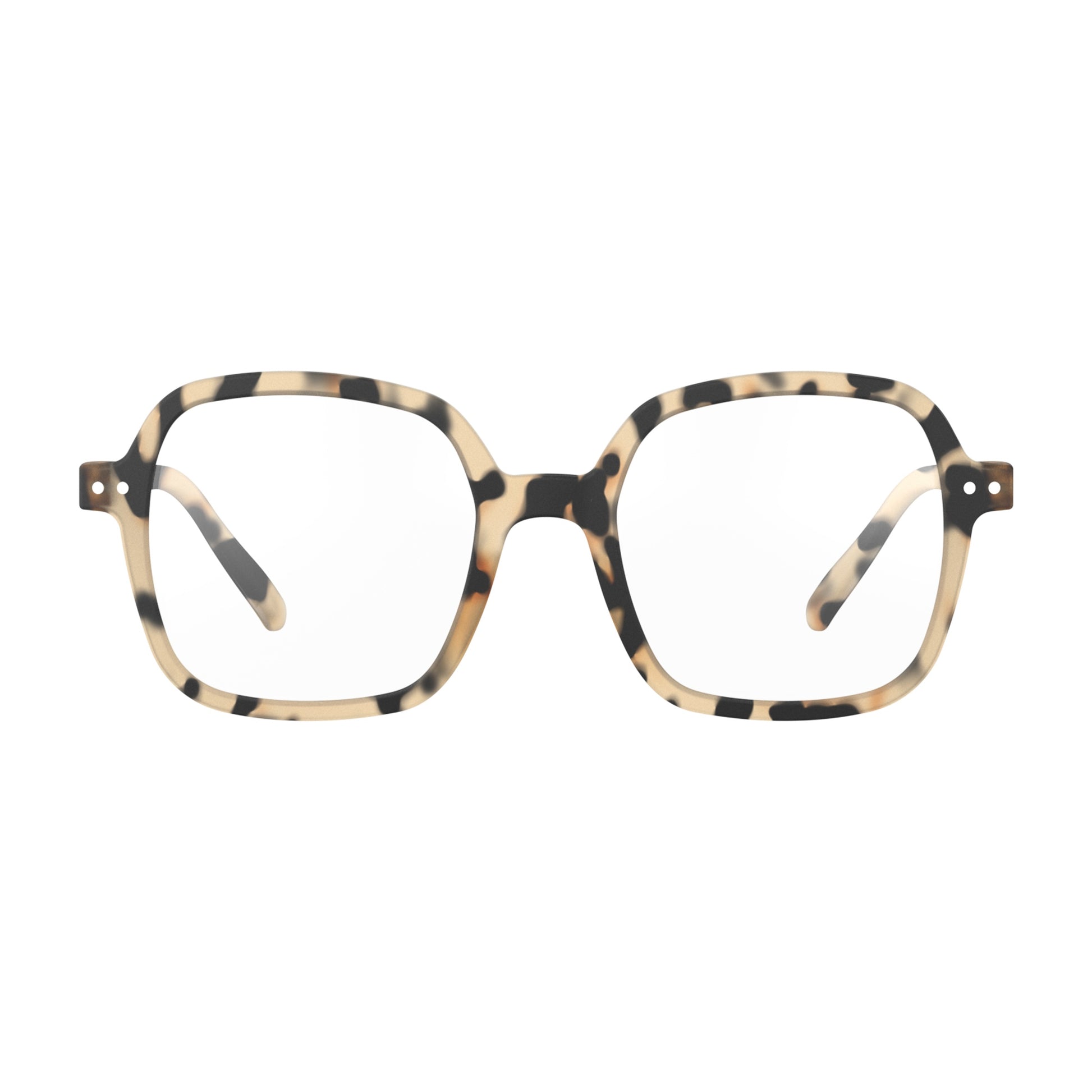 Front view of IZIPIZI Reading Collection O Light Tortoise glasses made from bio-sourced organic polyamide, featuring flexible spring hinges and a soft-touch finish - lightweight unisex reading eyewear with oversized square frames.