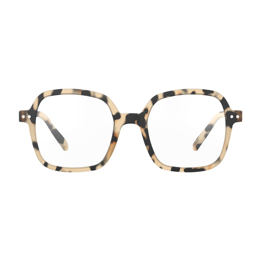 Front view of IZIPIZI Reading Collection O Light Tortoise glasses made from bio-sourced organic polyamide, featuring flexible spring hinges and a soft-touch finish - lightweight unisex reading eyewear with oversized square frames.