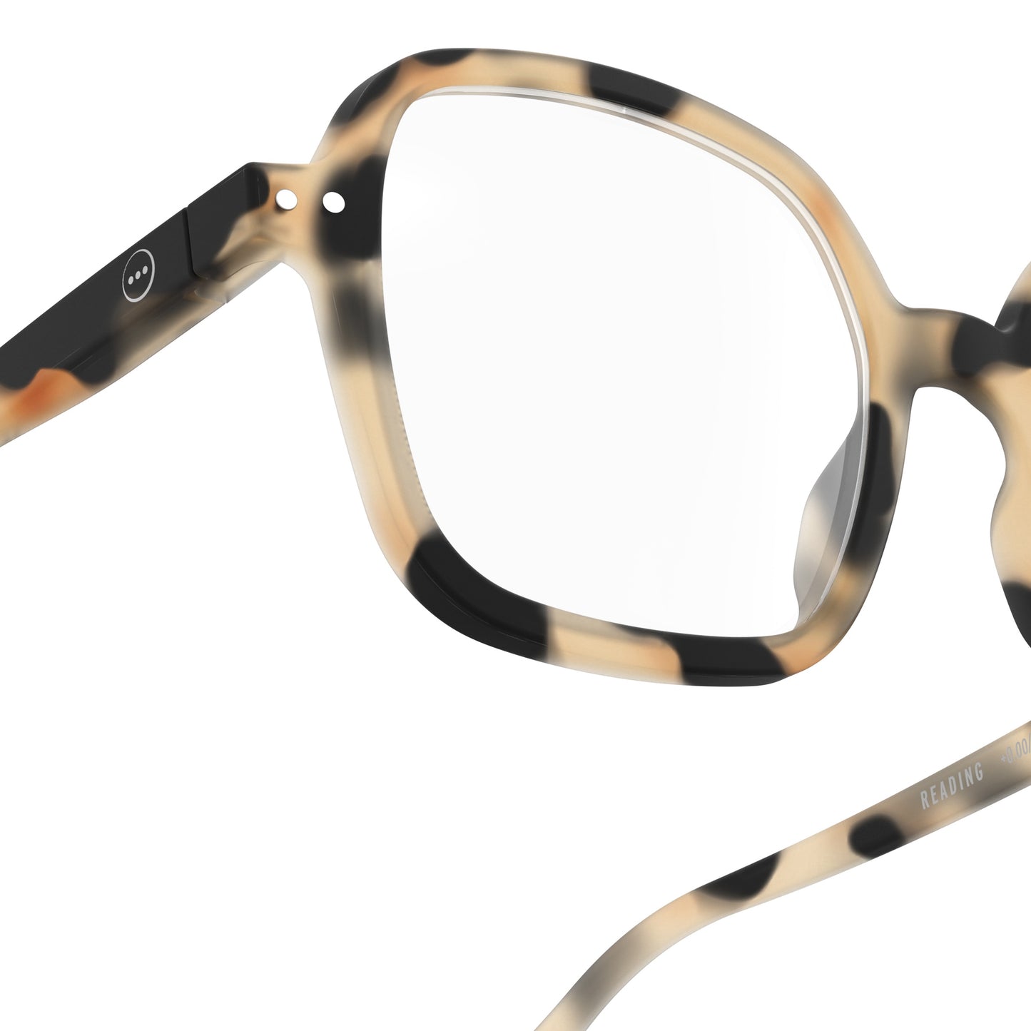 Front side one glass view of IZIPIZI Reading Collection O Light Tortoise glasses made from bio-sourced organic polyamide, featuring flexible spring hinges and a soft-touch finish - lightweight unisex reading eyewear with oversized square frames.