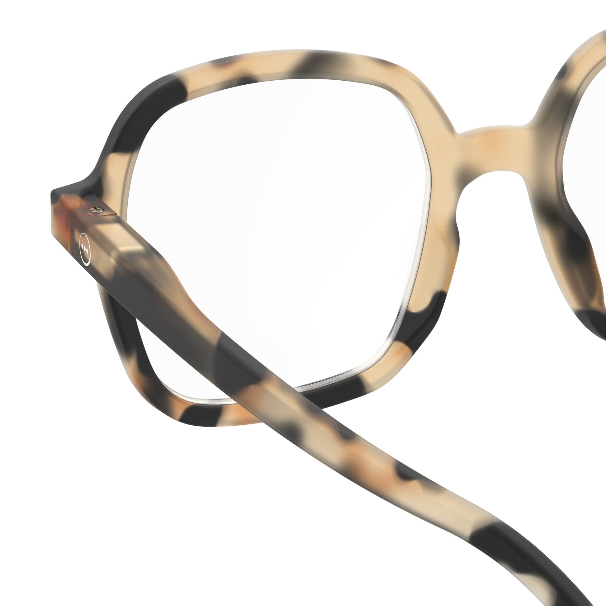 Upclose one side view of IZIPIZI Reading Collection O Light Tortoise glasses made from bio-sourced organic polyamide, featuring flexible spring hinges and a soft-touch finish - lightweight unisex reading eyewear with oversized square frames.