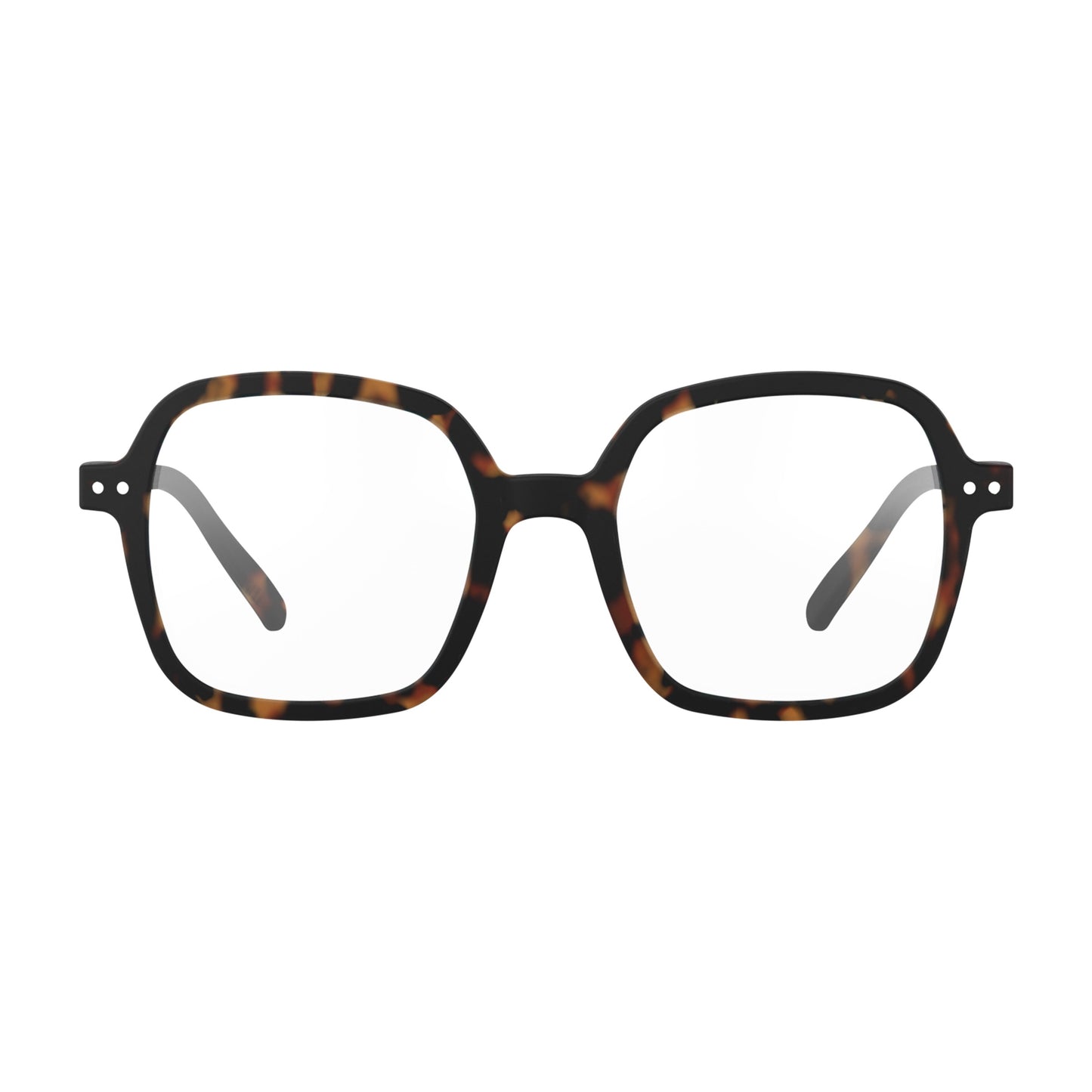 Front view of IZIPIZI Reading Collection O Tortoise glasses with bio-sourced frame, soft-touch finish, flexible spring hinges, and oversized retro square design - lightweight unisex reading eyewear available in +1 to +3 diopters, includes soft pouch and gift box.