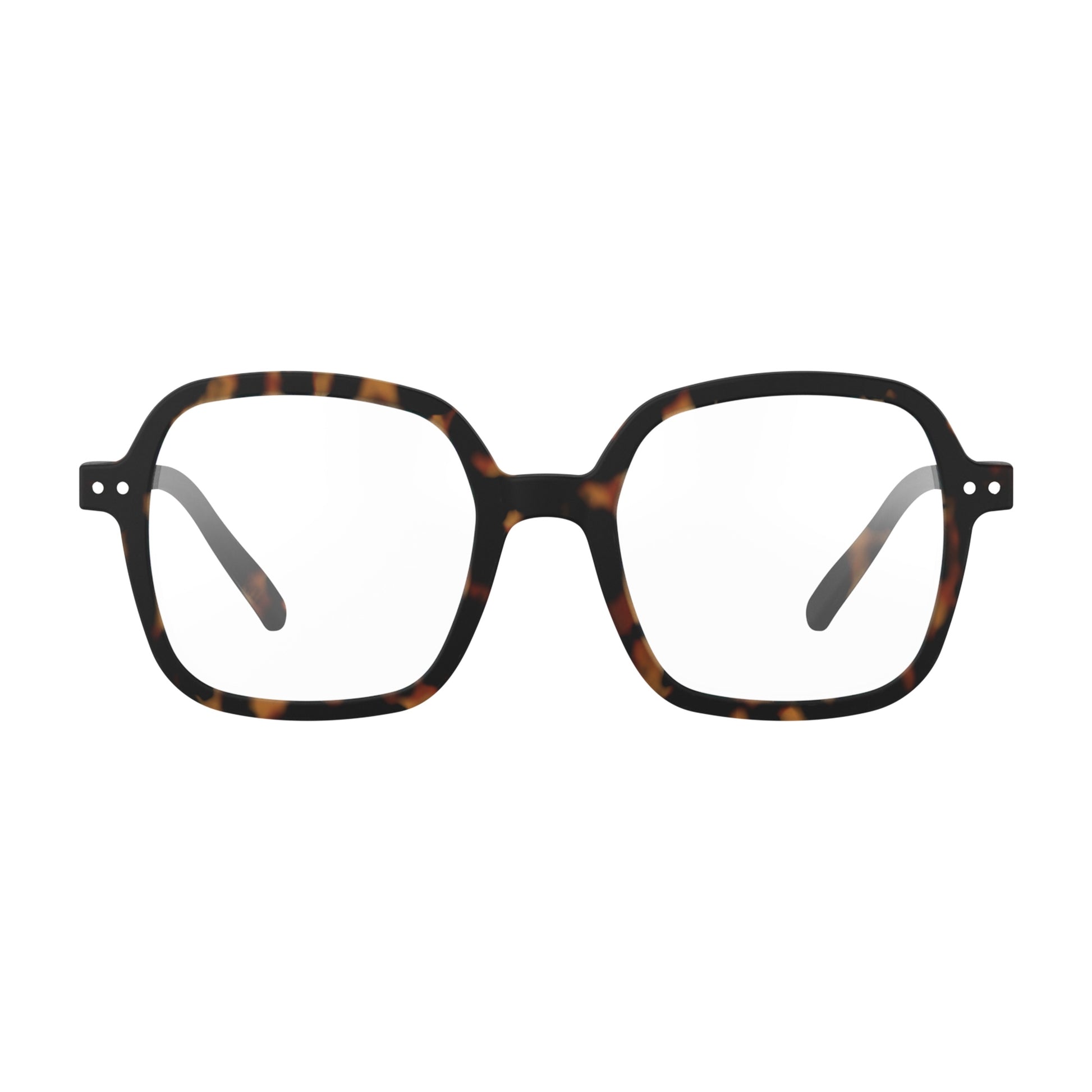 Front view of IZIPIZI Reading Collection O Tortoise glasses with bio-sourced frame, soft-touch finish, flexible spring hinges, and oversized retro square design - lightweight unisex reading eyewear available in +1 to +3 diopters, includes soft pouch and gift box.