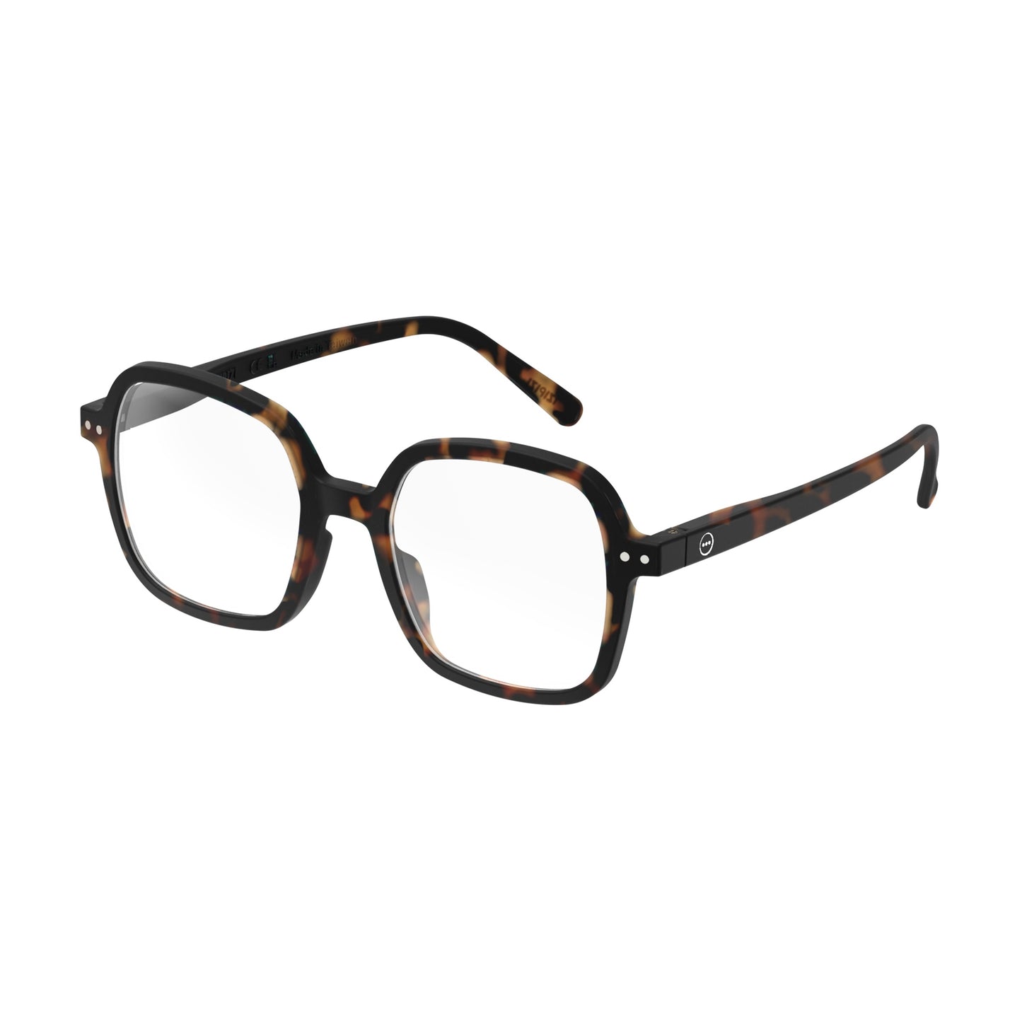 Side view of IZIPIZI Reading Collection O Tortoise glasses with bio-sourced frame, soft-touch finish, flexible spring hinges, and oversized retro square design - lightweight unisex reading eyewear available in +1 to +3 diopters, includes soft pouch and gift box.