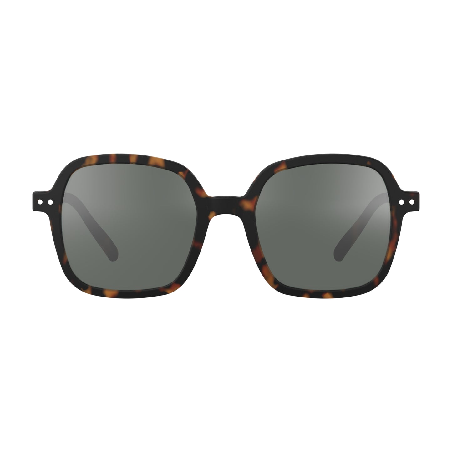 Front view of IZIPIZI Sun Collection O Tortoise sunglasses with 100% UV protection, lightweight rubberized frame, flexible spring hinges, and retro oversized square design - stylish and comfortable eyewear with gift box and felt pouch.