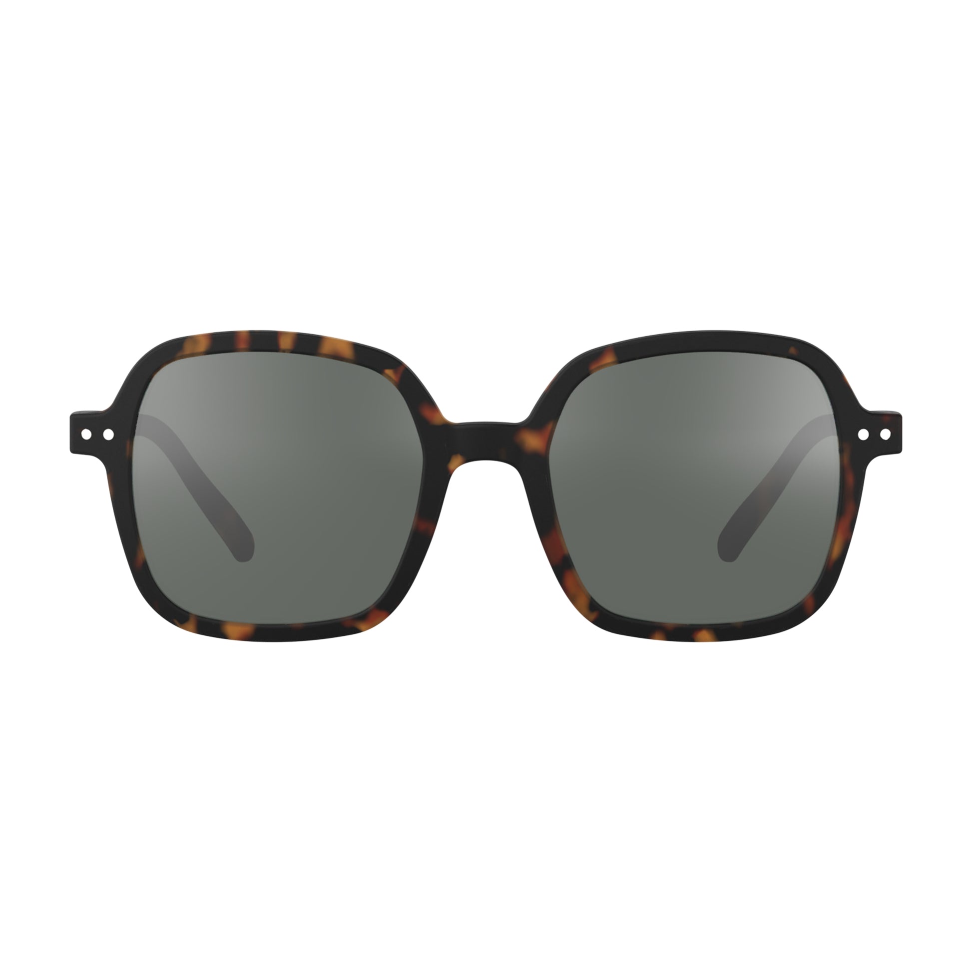 Front view of IZIPIZI Sun Collection O Tortoise sunglasses with 100% UV protection, lightweight rubberized frame, flexible spring hinges, and retro oversized square design - stylish and comfortable eyewear with gift box and felt pouch.