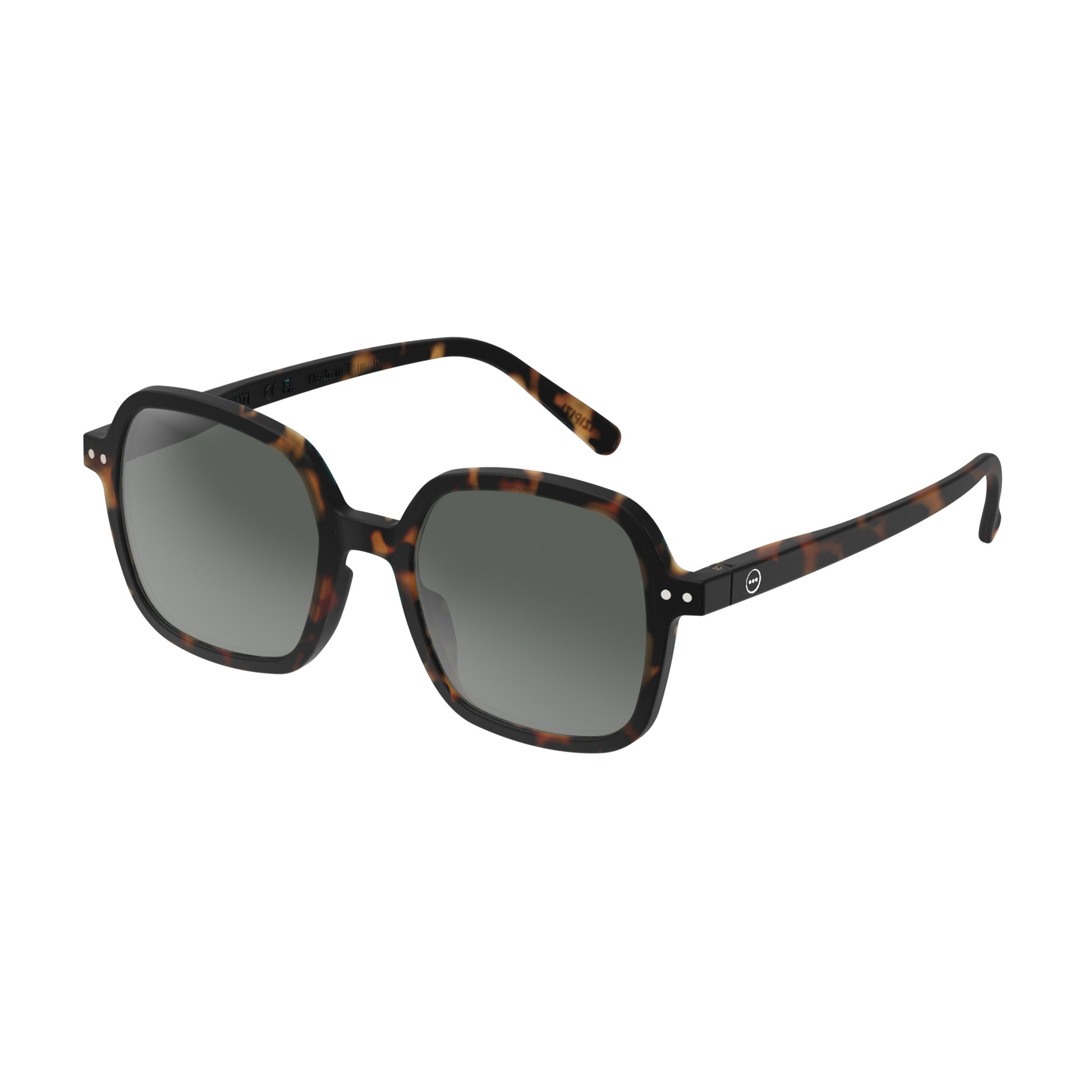 Side view of IZIPIZI Sun Collection O Tortoise sunglasses with 100% UV protection, lightweight rubberized frame, flexible spring hinges, and retro oversized square design - stylish and comfortable eyewear with gift box and felt pouch.