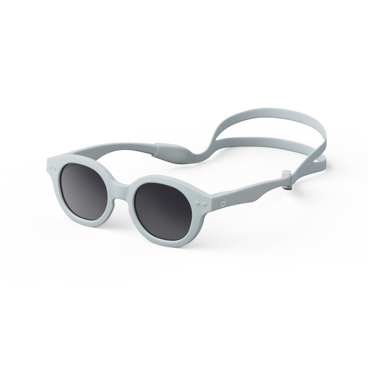 Izipizi kids sunglasses shape c sweet blue on an angle with silicone head strap on white background