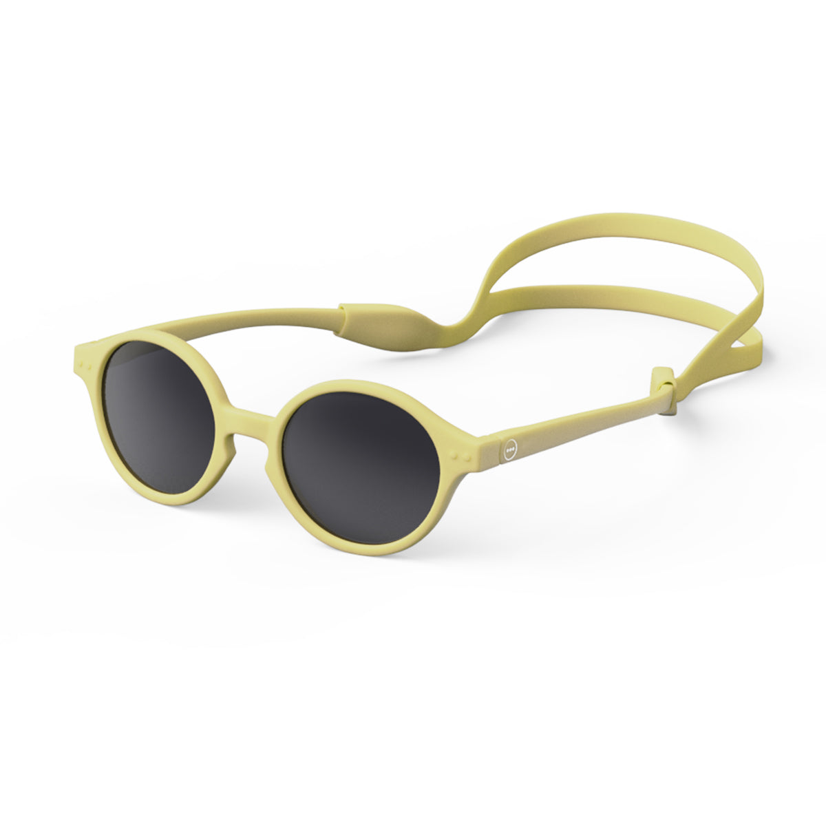 Izipizi kids sunglasses shape d lemondade on an angle with silicone head strap on white background