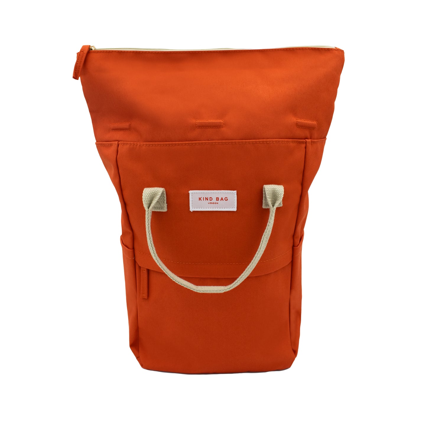 Kind Bag's Backpack Medium in colour burnt orange shown from the front, rolled open.
