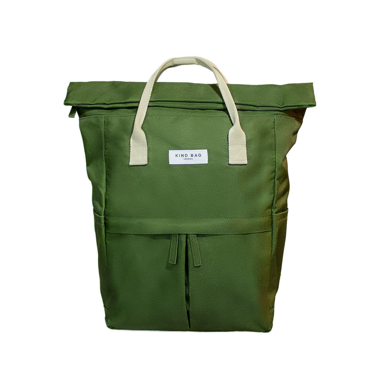 Kind Bag's Backpack Medium in colour khaki shown closed from the front.