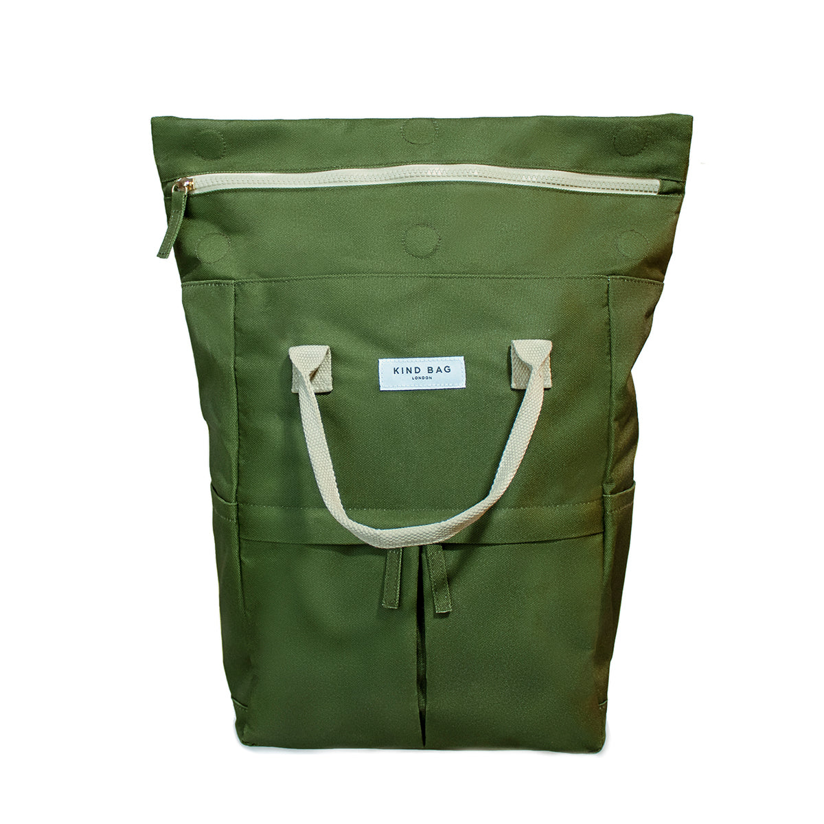 Kind Bag's Backpack Medium in colour khaki shown from the front, rolled open.
