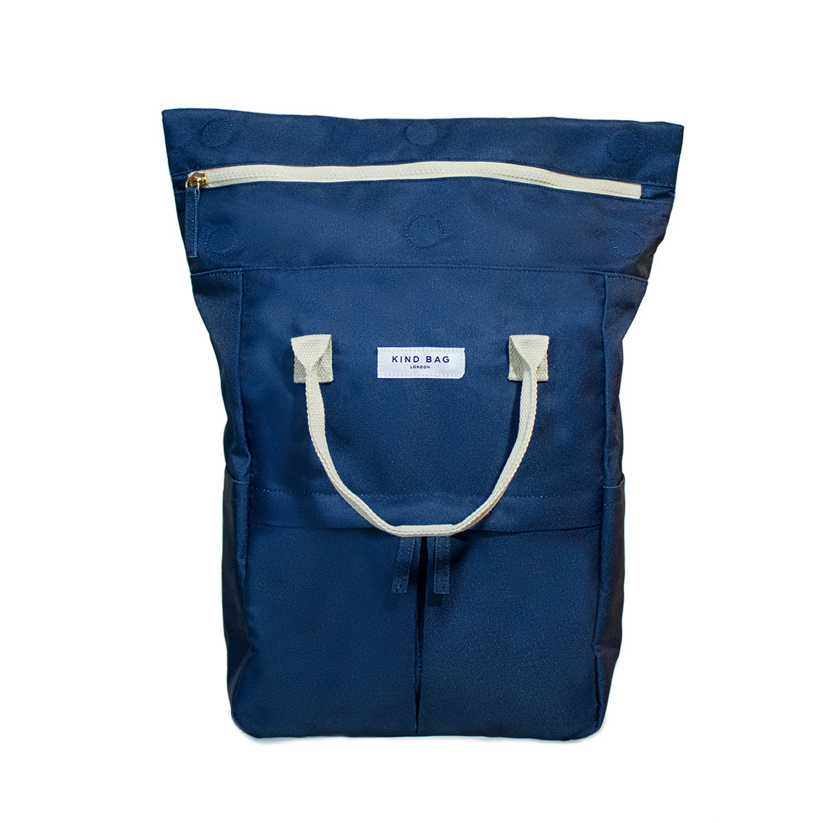 Kind Bag's Backpack Medium in colour navy shown from the front, rolled open.