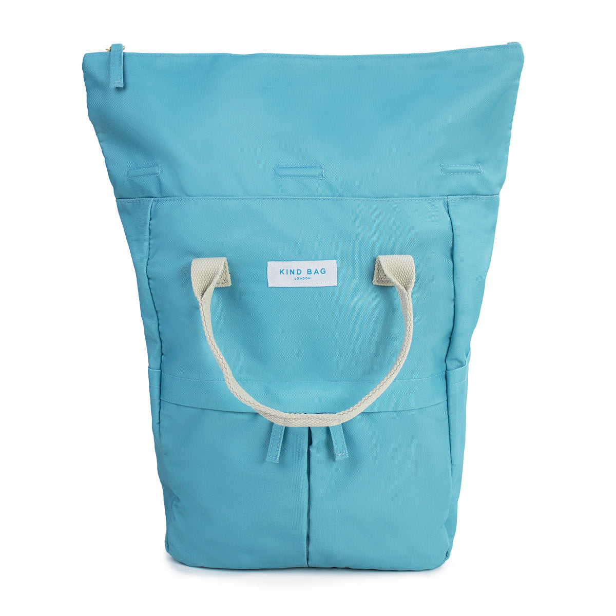 Kind Bag's Backpack Medium in colour teal shown from the front, rolled open.