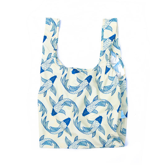 Image showing Regusable bag by Kind bag in blue and white Koi Fish print, bag shown front on.