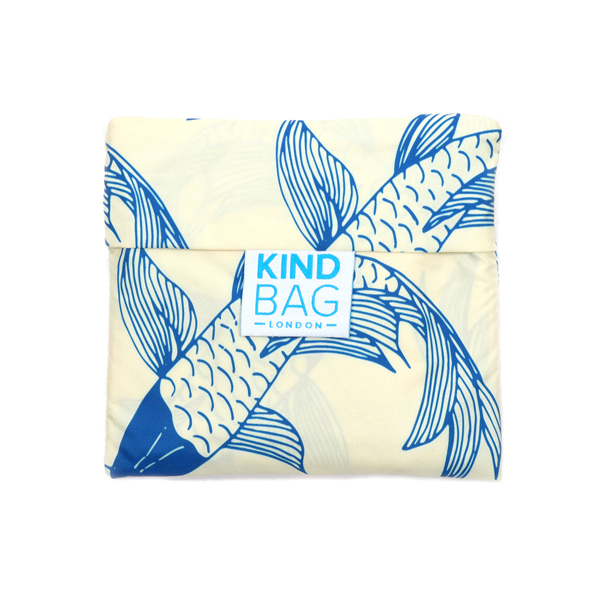 Image showing Regusable bag by Kind bag in blue and white Koi Fish print, bag shown folded up.