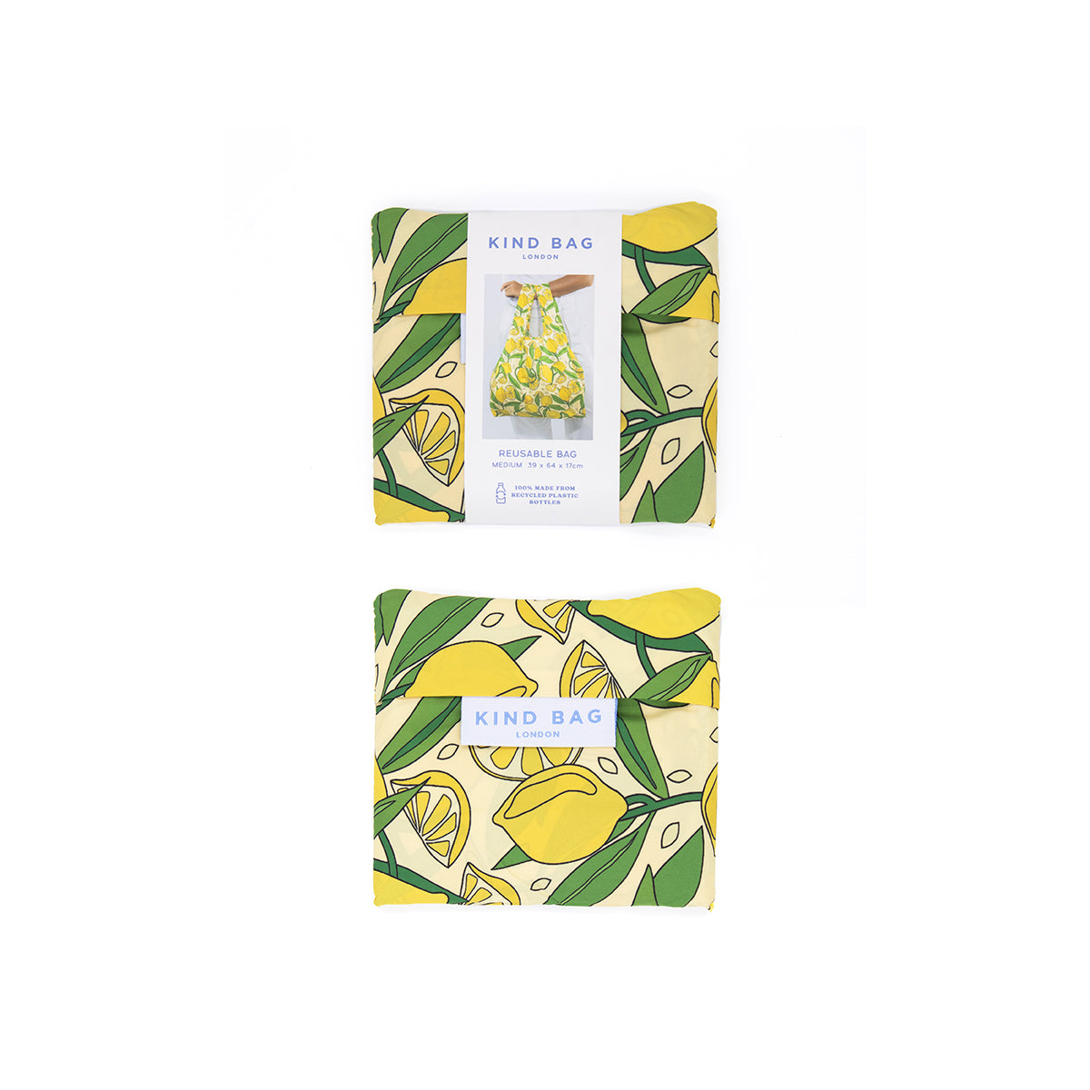 Image showing Regusable bag by Kind bag in vibrant lemons print, folded up in packaging