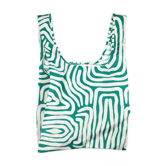 Image showing Regusable bag by Kind bag in green and white abstracted lines print, bag shown front on.