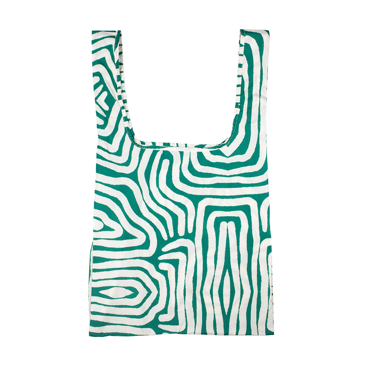 Image showing Regusable bag by Kind bag in green and white abstracted lines print, bag shown front on.