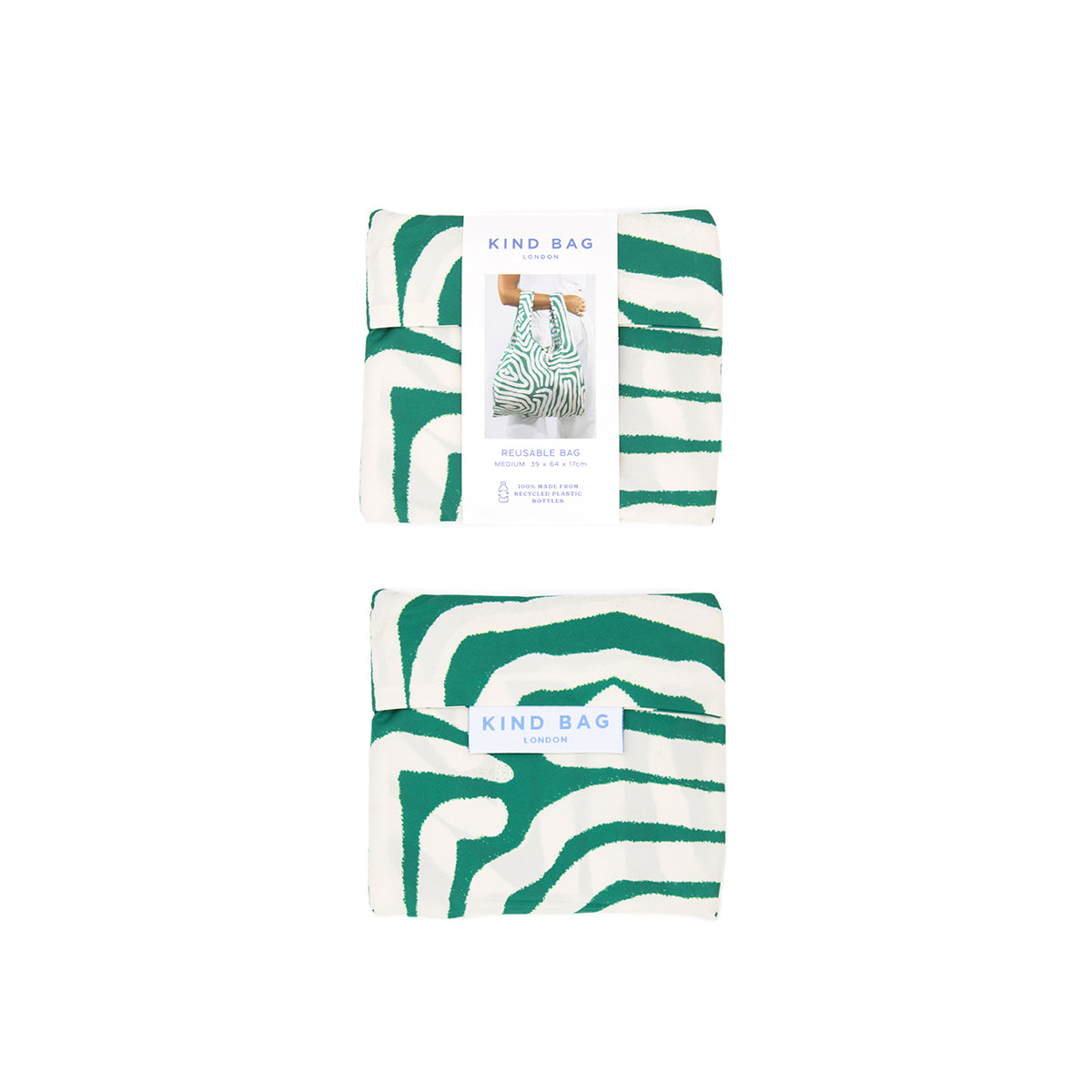 Image showing Regusable bag by Kind bag in green and white abstracted linesprint, folded up in packaging