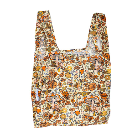 Image showing Regusable bag by Kind bag in earthy toned mushrooms print, bag shown front on.